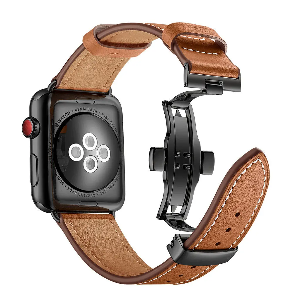 Ремешок кожаный для Apple Watch 6 Band Series SE/5/4/3/2 браслет с пряжкой бабочкой трех цветов