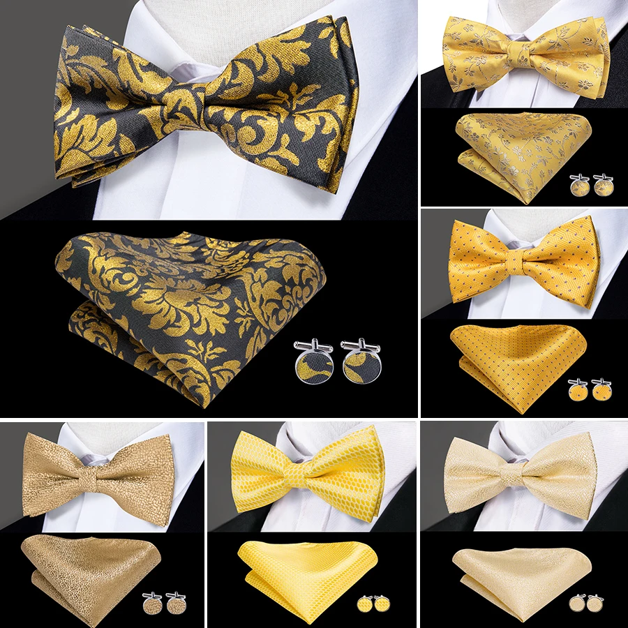 

LH-738 Hi-Tie роскошные золотые шелковые галстуки-бабочки для мужчин модные свадебные вечерние золотые галстуки-бабочки носовой платок запонки ...