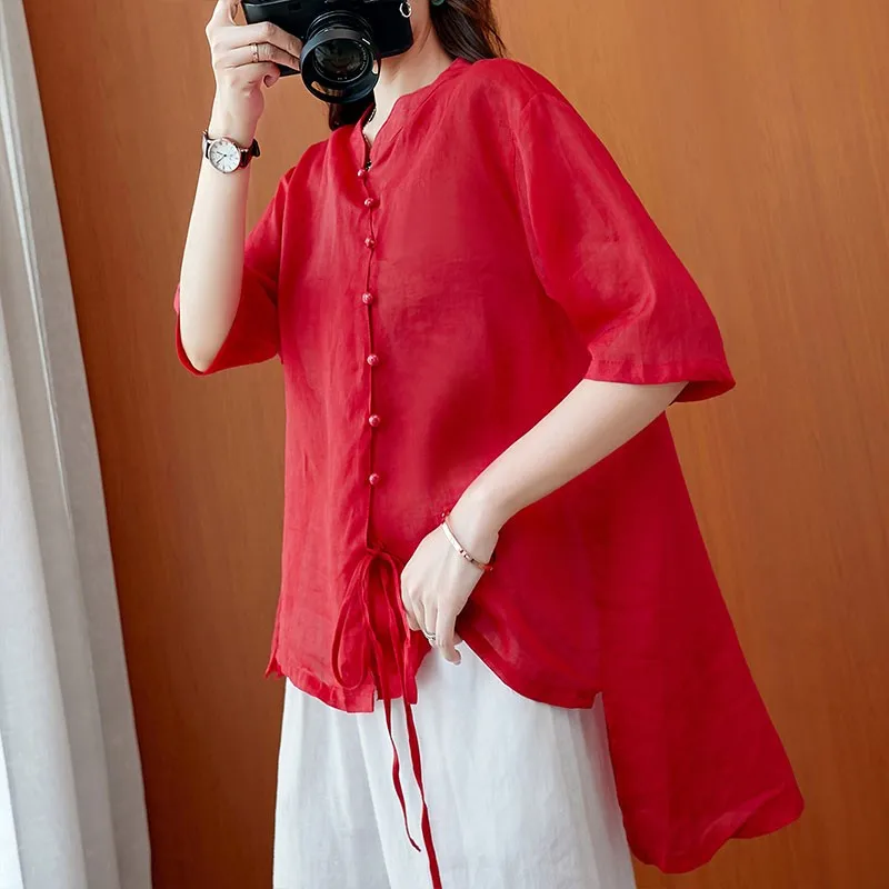 

Women Cotton Linen Casual Shirts New 2021 Summer Vintage Style Stand Collar Solid Color Loose Female Half Sleeve Tops S3767