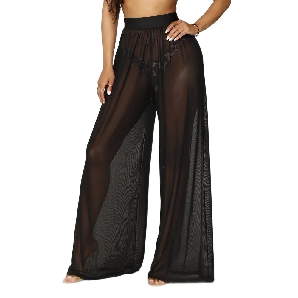 

Women See Through Boho Wide Leg High Waist Trousers Beach Long Loose Mesh Sheer Pants Hot