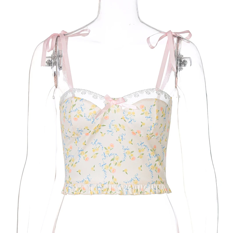 

2021 Sleeveless Floral Print Backless Bandage Ruched Sexy Crop Top Summer Women Fashion Streetwear Outfits Y2K Camis