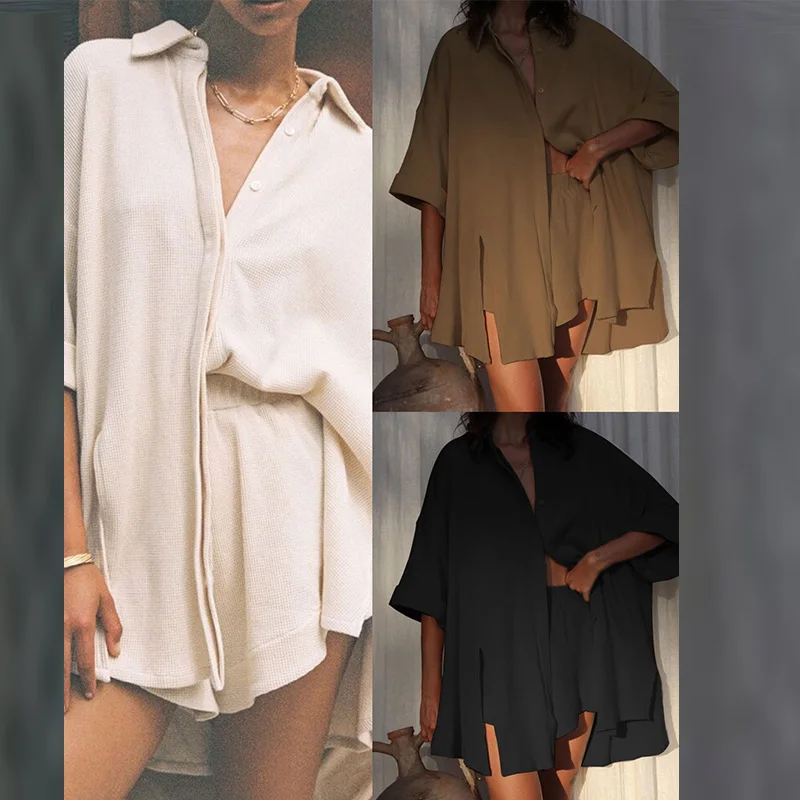 

Women's Knitted Cardigan Shorts Two Piece Set 2021 Autumn Half Sleeve Single Breasted Turn-down Collar Ladies Loose Casual Sets