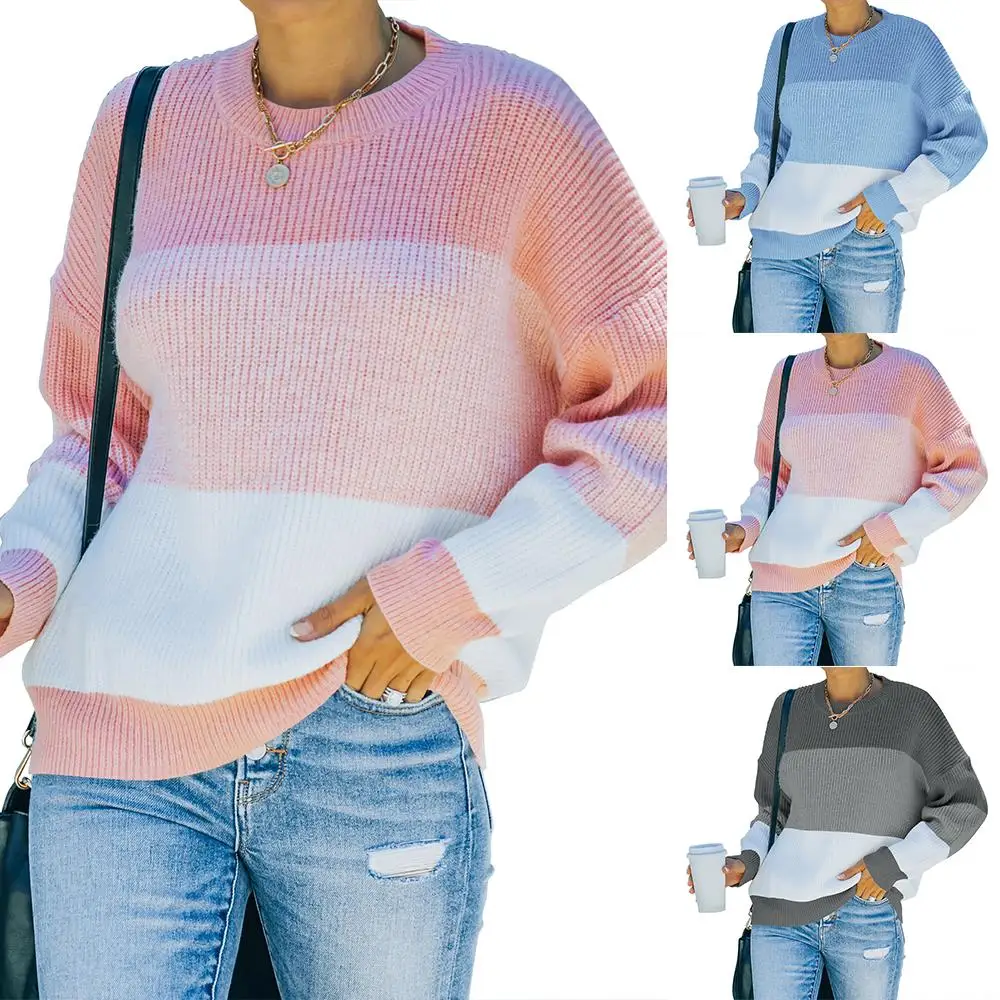 

Womens Knitted Long Sleeve Patchwork Sweater Casual Jumper Round Neck Winter Pullover Tops