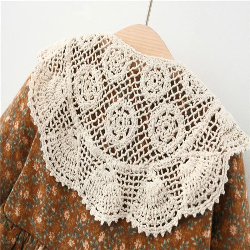 

Trendy Pastoral Style Girls Keep Warm Dress Autumn and Winter Baby Girls Floral Shawl Lace Infant Plus Velvet Princess Skirt