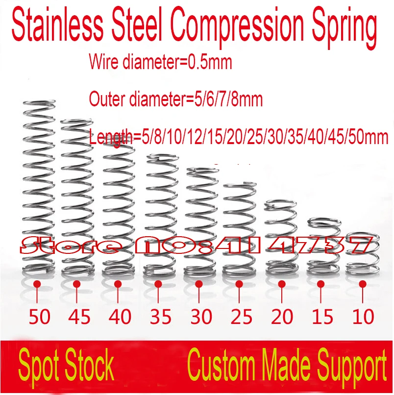 

40pcs 0.5mm Wire OD 5/6/7/8mm Stainless Steel Small Spot Spring Precision Spring Micro Spring Compression Spring Length 5--50mm