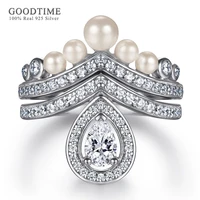 luxury pure 925 sterling silver ring set for women pearl waterdrop zircon rhinestone engagement wedding ring jewelry