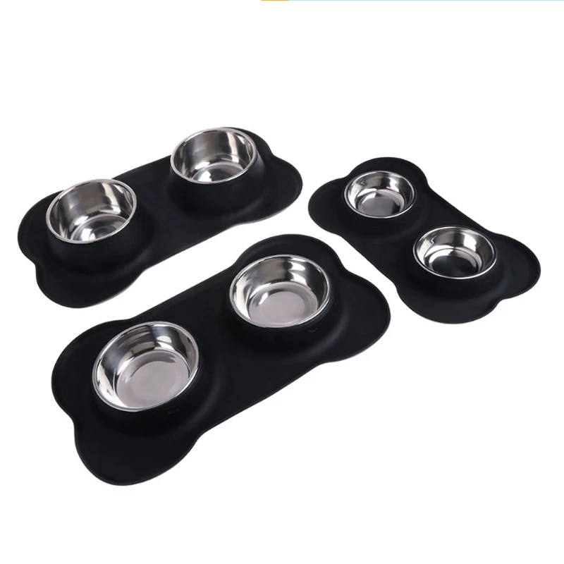 

Black Double Dog Bowl Stainless Steel Pet Feeder Nonslip Drinking Bowl Large Capacity Food Container Silicone Bone Cat Bowls Mat