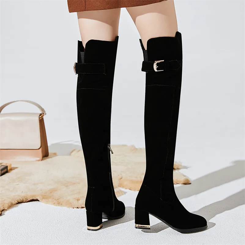 

Meotina Autumn Thigh High Boots Women Buckle Thick High Heel Over The Knee Boots Zipper Round Toe Shoes Female Winter Size 33-43