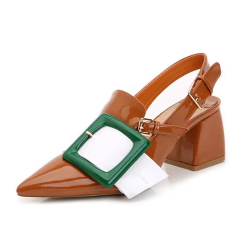 Вечерние туфли с острым носком на толстом каблуке пряжкой и ремешком женские