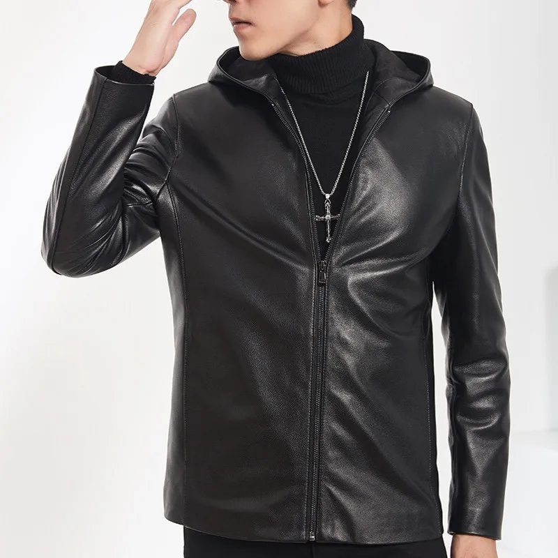 Мужская повседневная куртка из коровьей кожи черная приталенная натуральной с