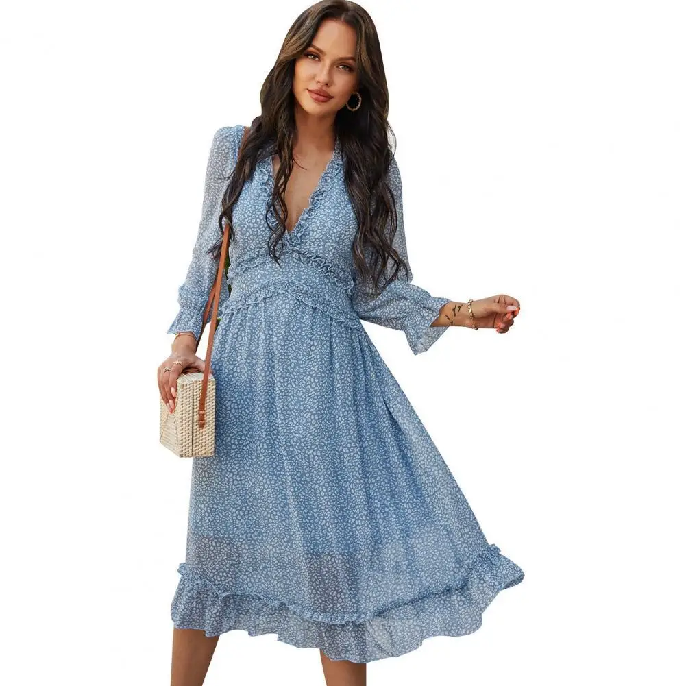 

Женское элегантное длинное платье с цветочным принтом, демисезонное платье миди с глубоким V-образным вырезом и длинным рукавом, празднично...