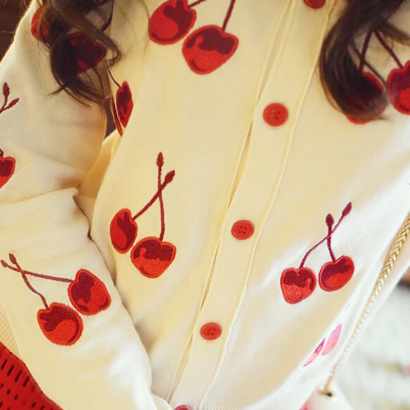 

Autumn Spring Women Sweater Cherry Embroidery Pattern All-match Lady Long Sleeve Short Knitting Cardigan Sw093