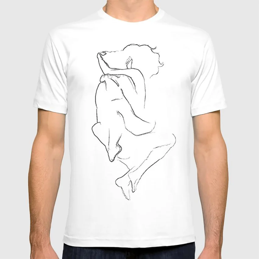 Футболка для молодых пар с рисунком в виде обнимающейся линии мелок древесный