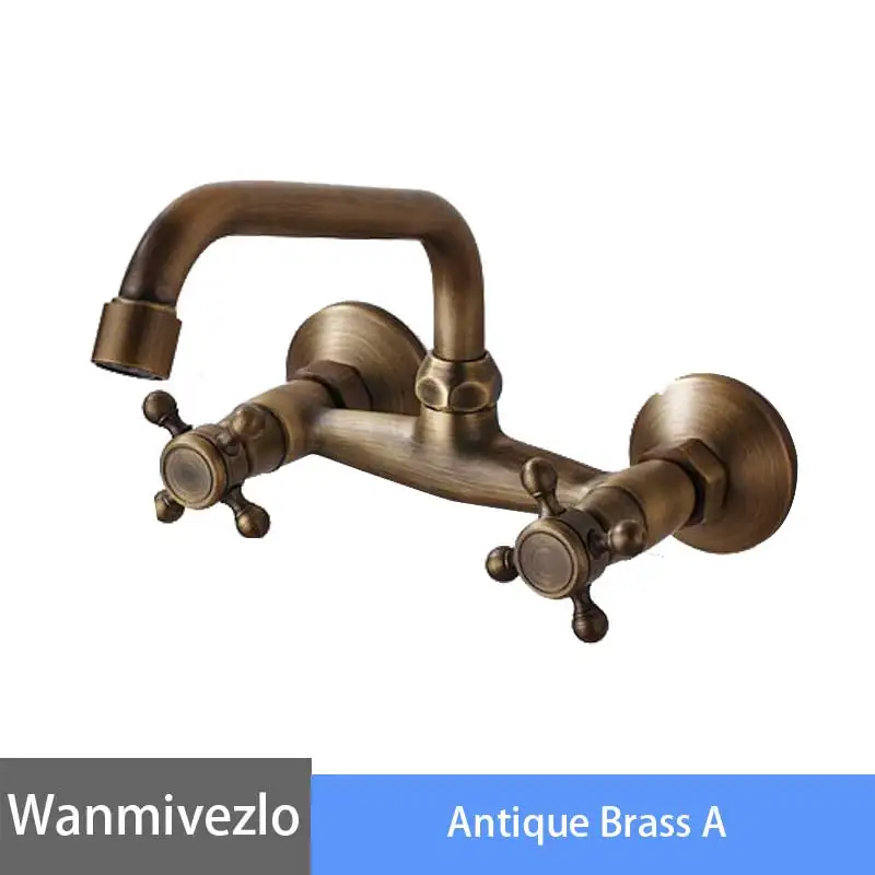 Antique Brass A Черный бронзовый кран для ванной комнаты, настенный кран для раковины, кран с двойной ручкой и вращением на 360 градусов, кран для холодной и горячей воды, Смеситель torneira - Цвет: Antique Brass A