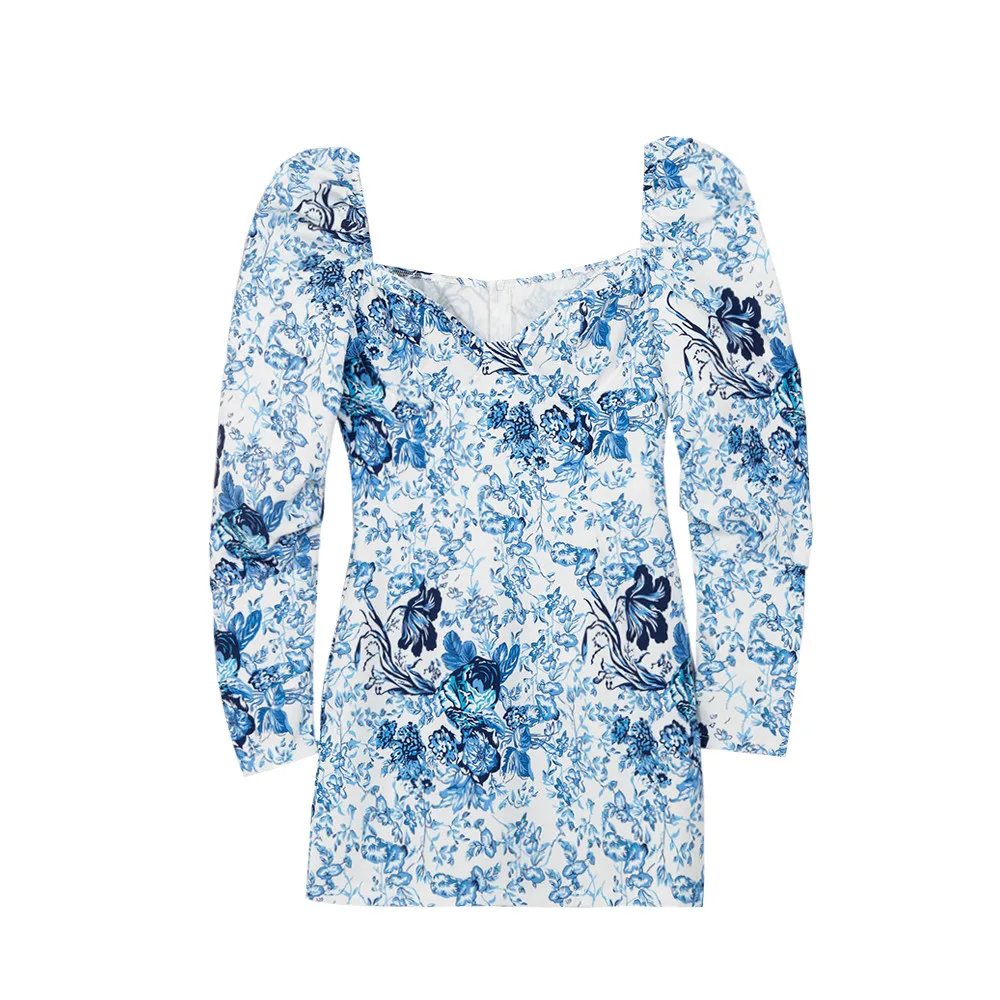 

2020 Vintage Flower Print Women Dress Spring Autumn Fashion Blue Puff Sleeve Short Dresses Bodycon Dress Party Women L1036