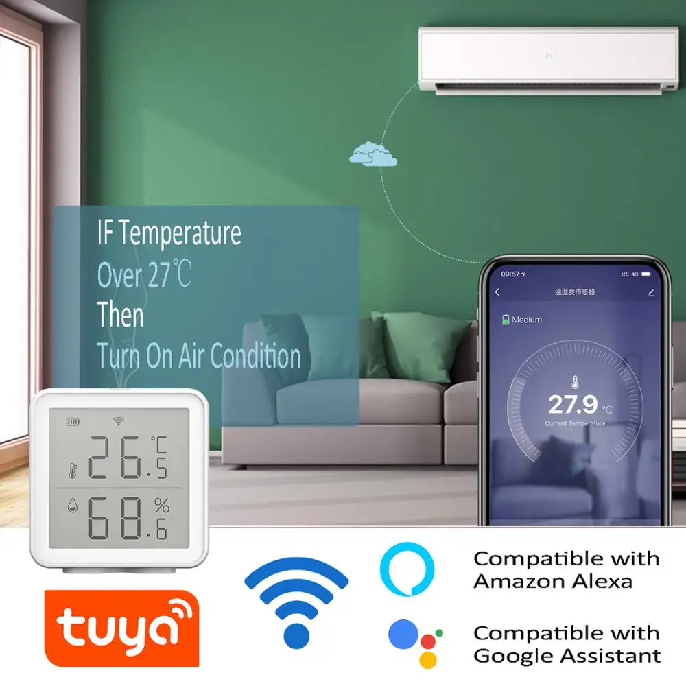 Wi Fi умный датчик температуры и влажности совместимый с Alexa 230 футов сверхдлинный