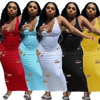 new ribbed v neck skinny tank long dresses women solid bodycon fashion hole outfits bodycon sexy club party maxi dress