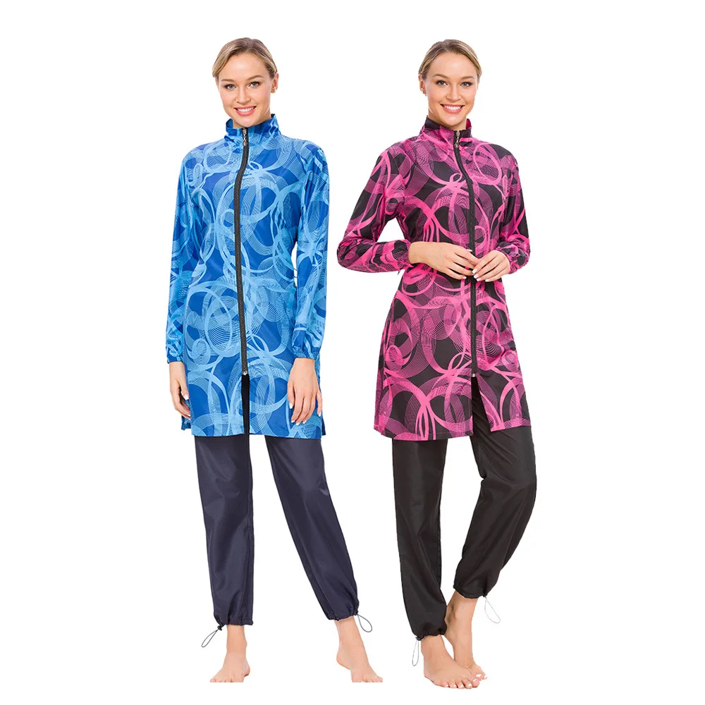 Красный синий Женский скромный купальный костюм с полным покрытием