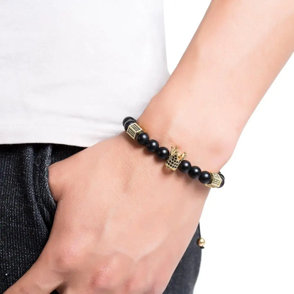 Матовый черный оникс Корона плетеный браслет Мужская мода женщин подарок для