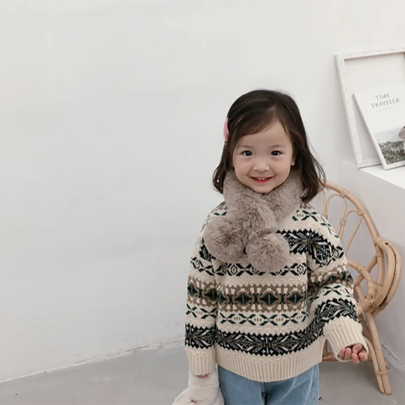 Детский свитер в стиле ретро жаккардовый вязаный с длинными рукавами и