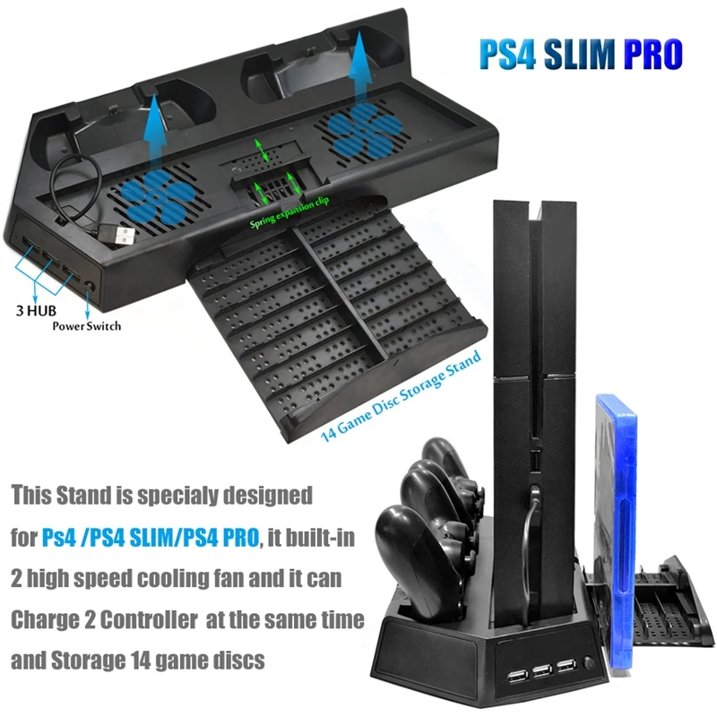 For Ps4 Pro Slim Vertical Stand Cooling Fan Cooler with Dual Controller Charging Station & 3 Extra Hub Port for Playstation 4 Ps |