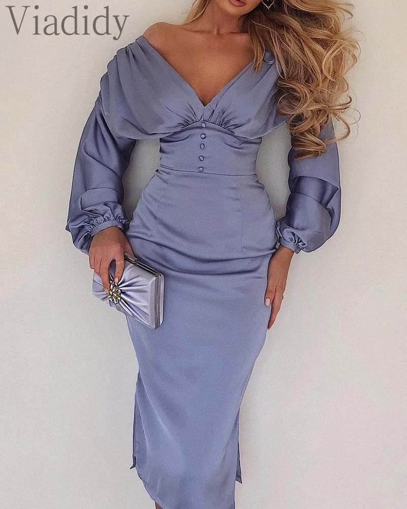 

Women Sexy Solid Color Off Shoulder Lantern Sleeve Ruched Buttoned Satin Party Dress
