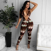 tie dye color women rompers sleeveless deep v neck jumpsuits 2021 summer new sexy bandage night club party one piece activewear
