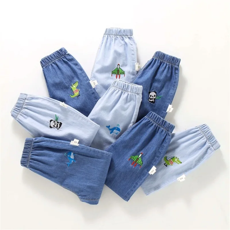

Children's Jeans Kids Boy Girl Cute Embroidery Pattern Trousers Thin and Cool Summer Pants