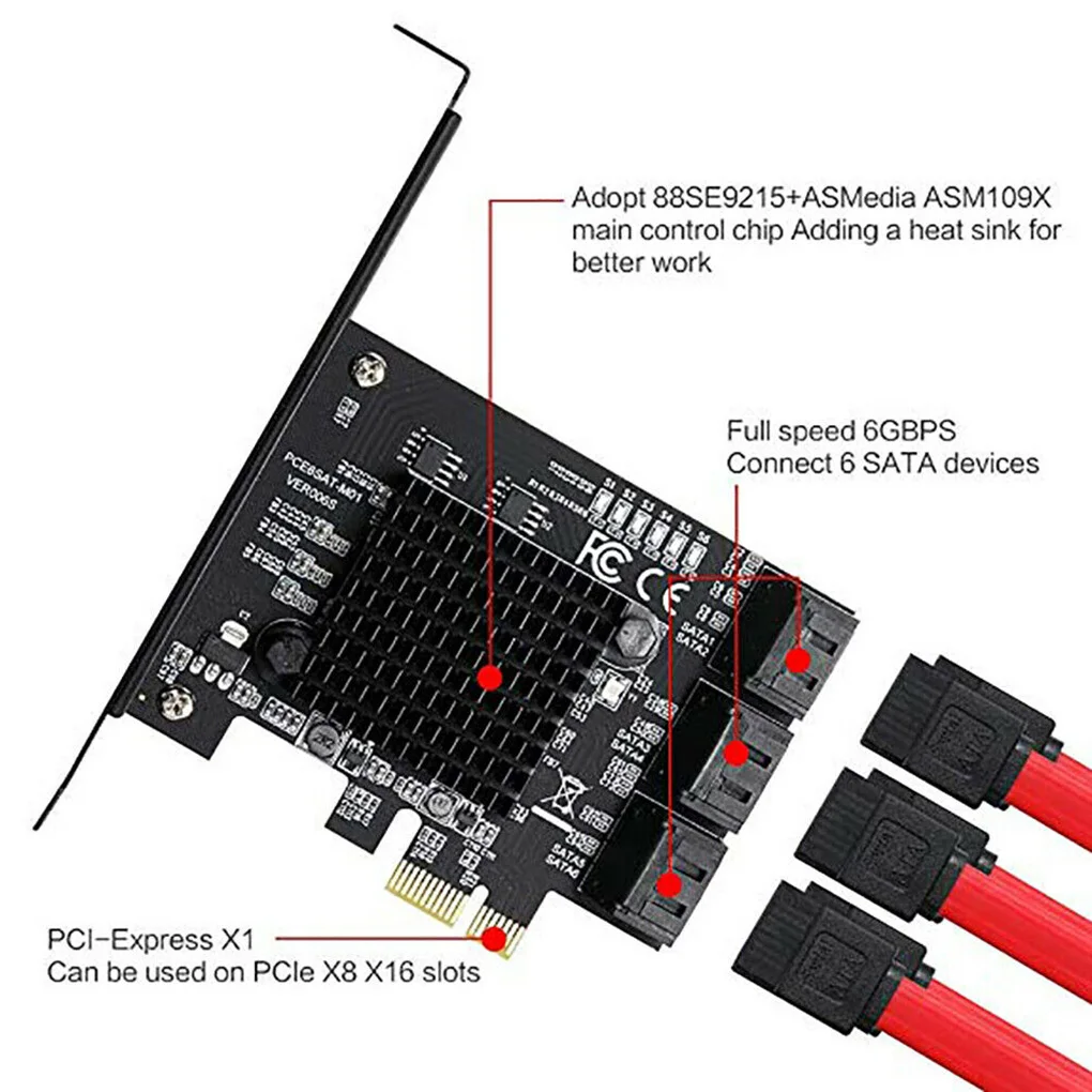

88SE9215 PCI-E to SATA Adapter Card 6-ports SATA 3.0 Expansion Card 6Gbps Speed PCI-E x1 Adapter Board for Linux