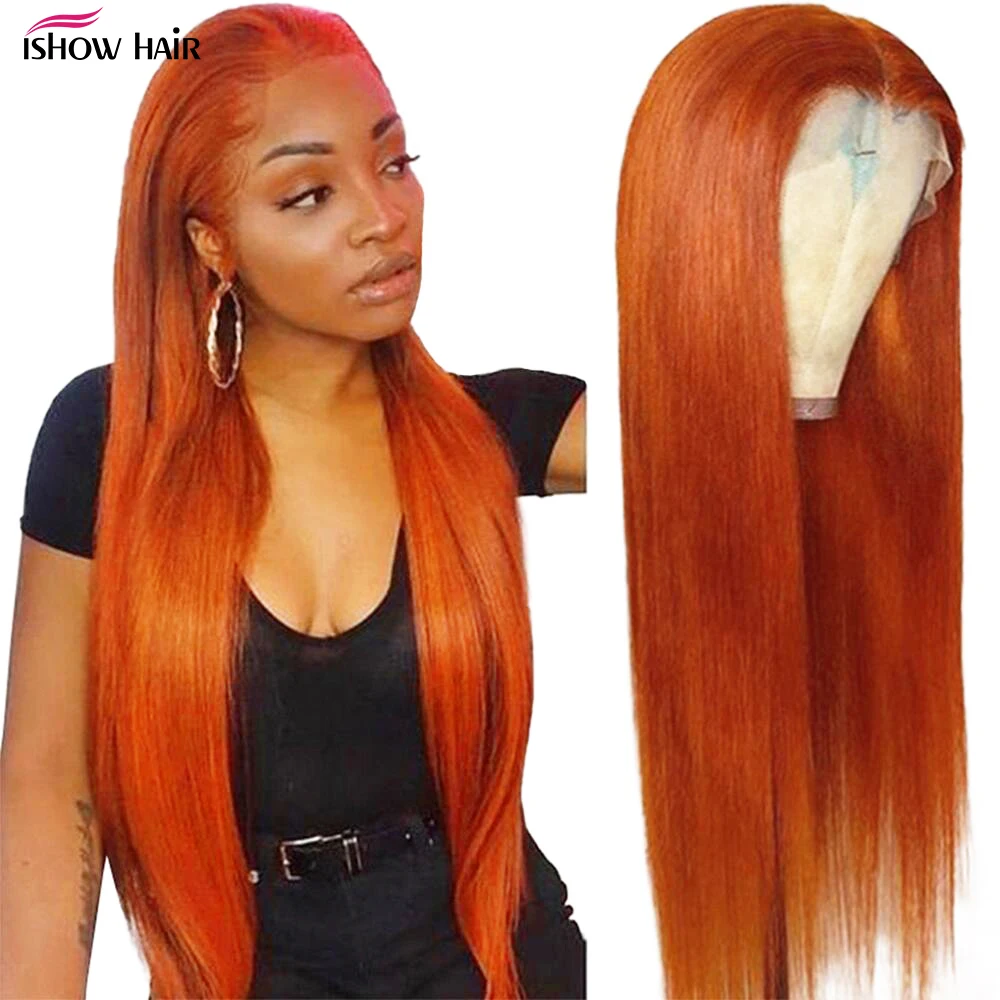 

Ishow Ginger Straight Lace Front Wig Orange Colored Human Hair Wigs PrePlucked HD Transparent Lace Front Wig Brazilian Hair Wig