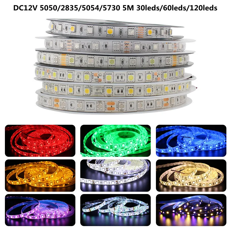 

RGB LED Strip Light 5054 5050 2835 5730 5M 120led 60LED 240LED 12V DC Waterproof Flexible LED Tape For Home Decoration 8 Colors