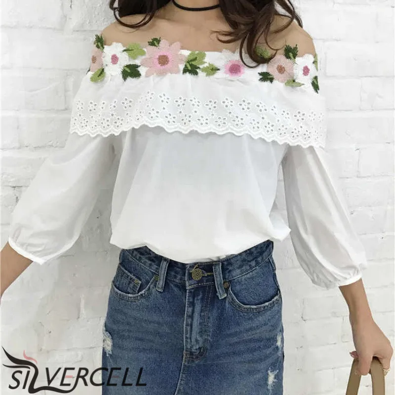 SILVERCELL/рубашки для девочек с вышитым цветком блуза вырезом лодочкой Женская белая