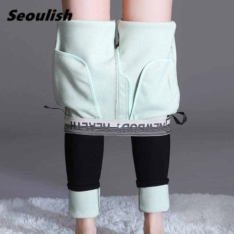 

Seoulish Winter Velvet Wool Fleece Thicken Warm Women's Pants 2021 New Black Skinny Leggings Female Trousers Cashmere Pants