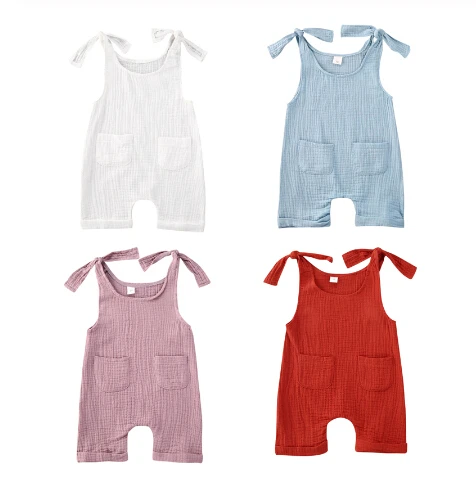 

0-24M Infant Baby Girls Boys Rompers 4 Colors Solid Sleeveless Belt Causal Jumpsuits Summer Outfits