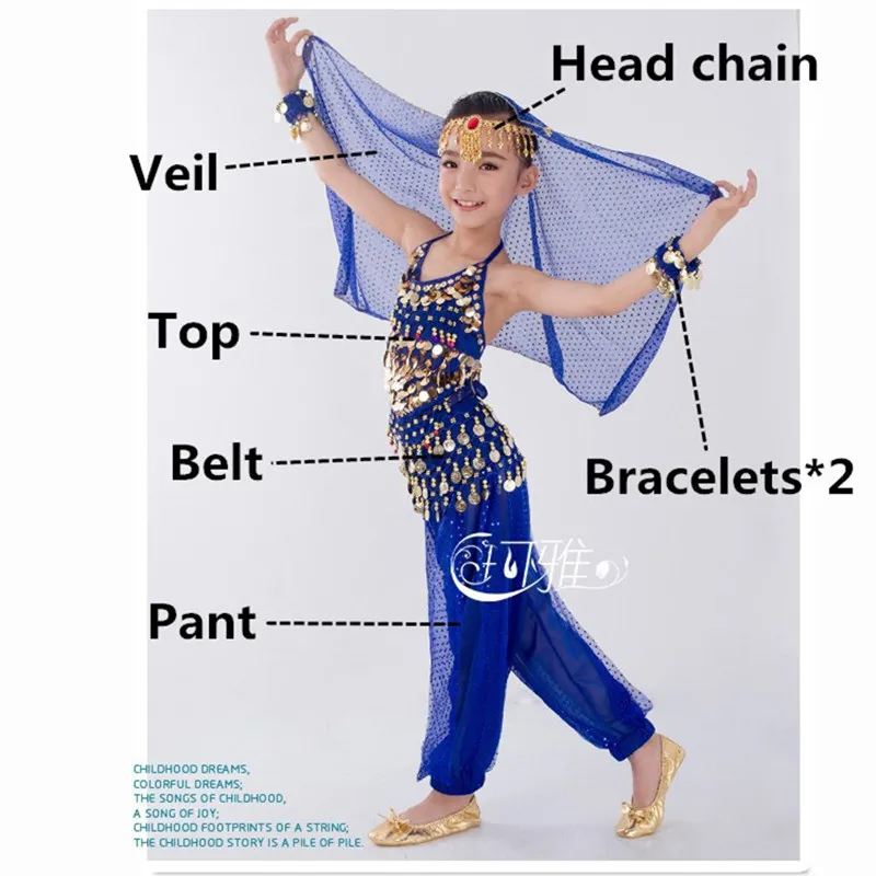 Dark Blue 7PCS Детский костюм для танца живота, карнавал, Египетский костюм с поясом, детская одежда для индийского танца, одежда для девочек, комплект одежды для танца живота для выступлений в Болливуде - Цвет: Dark Blue 7PCS
