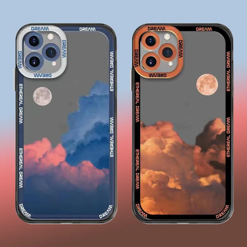 

Retro Moon Night Late Cloud Phone Case For iPhone 13 12 11 Pro Max XR XS 7 8 Plus SE2020 Lens Protection Transparent Soft Cover