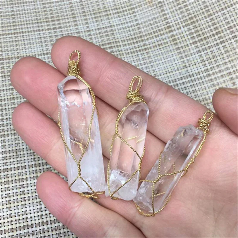 

Wholesale natural gold wire wrap raw necklace clear quartz mineral specimen point pendant for gift