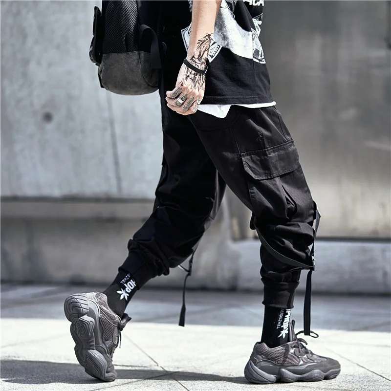 

2021 Men Cargo Pants Sweatpants Casual Hip Hop Ribbon Tactical Pants Jogger Men Autumn Streetwear Black Pant Men Trousers Unisex