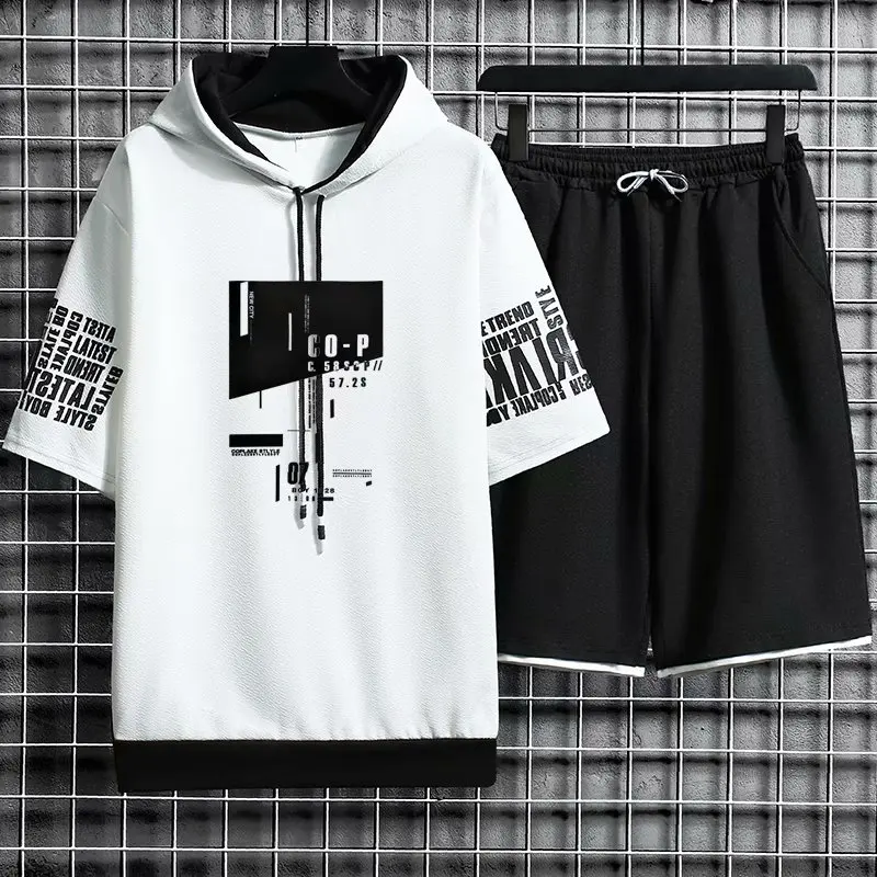 

Hip Hop Men's Sets Streetwear Hooded Short Sleeve T Shirts+Casual Elastic Waist Shorts Fashion Men Clothing Tracksuit Men Sets