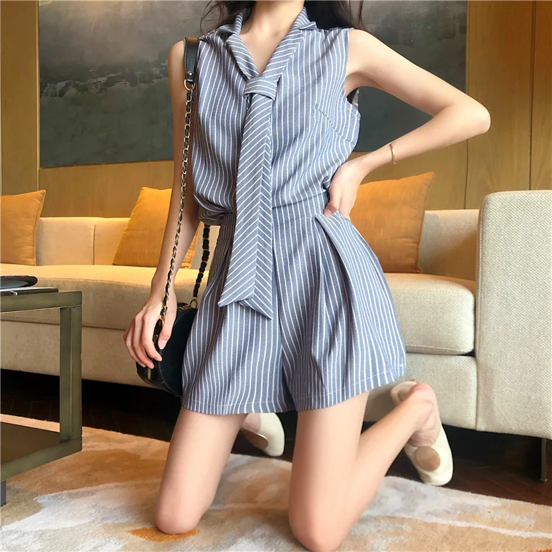 

Genayooa Stripe Two Piece Set Women Summer Casual Two Piece Set Top And Shorts Sleeveless Office Ladies Two Piece Suit Korean