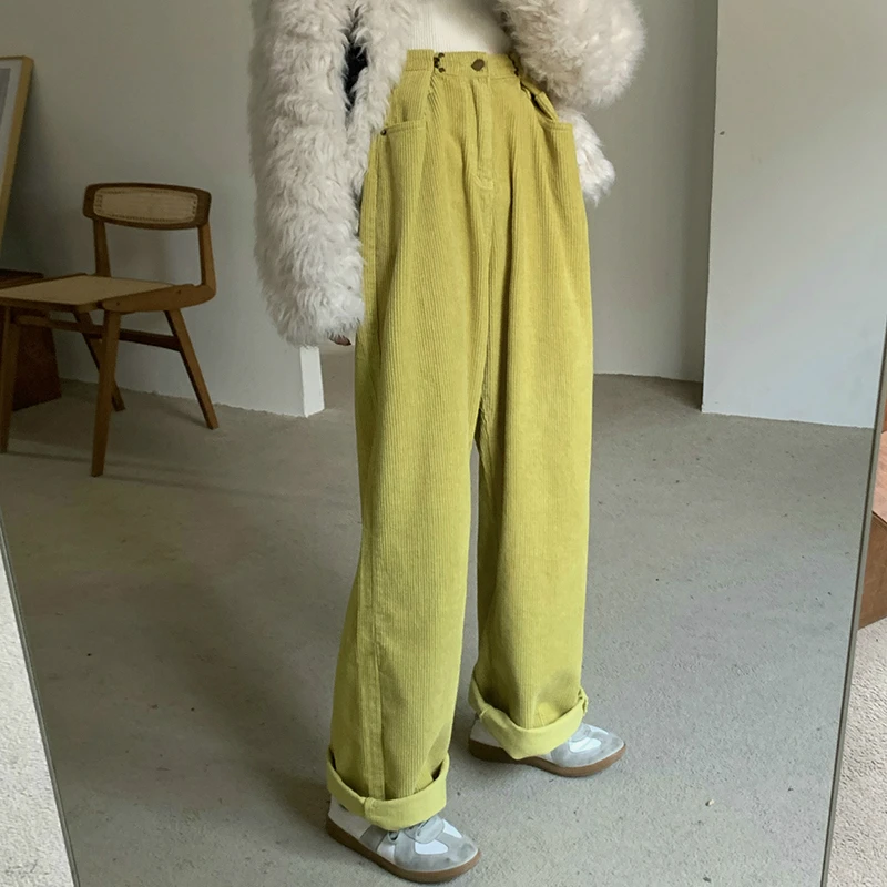 

2021 New Women Spring Autumn High Waist Corduroy Long Wide Leg Pants Loose Trousers Zipper Fly