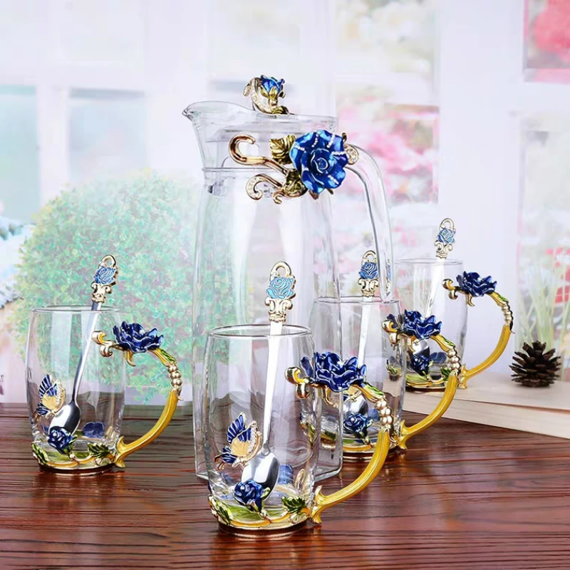 Стеклянный чайник для горячих и холодных напитков с эмалью красная роза 1300