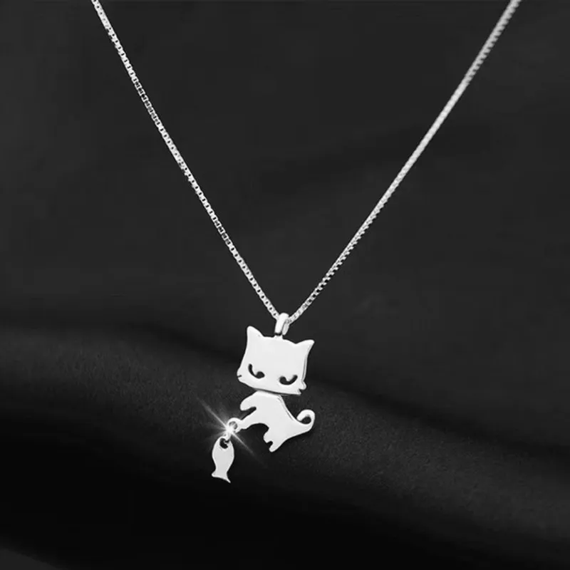 Fashion 925 Stamp Silver Color Lovely Glossy Cat & Fish Pendant Necklaces For Women Party Gifts Jewelry