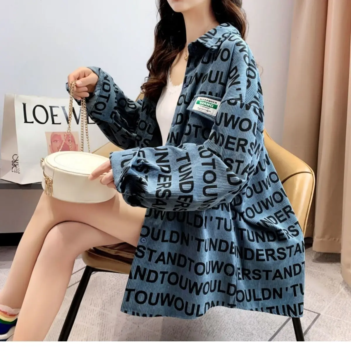 

Vangull Oversize Corduroy Women Shirts Letter Printted Long Sleeve Blouse Single Breasted Tops Female Spring New Clothes