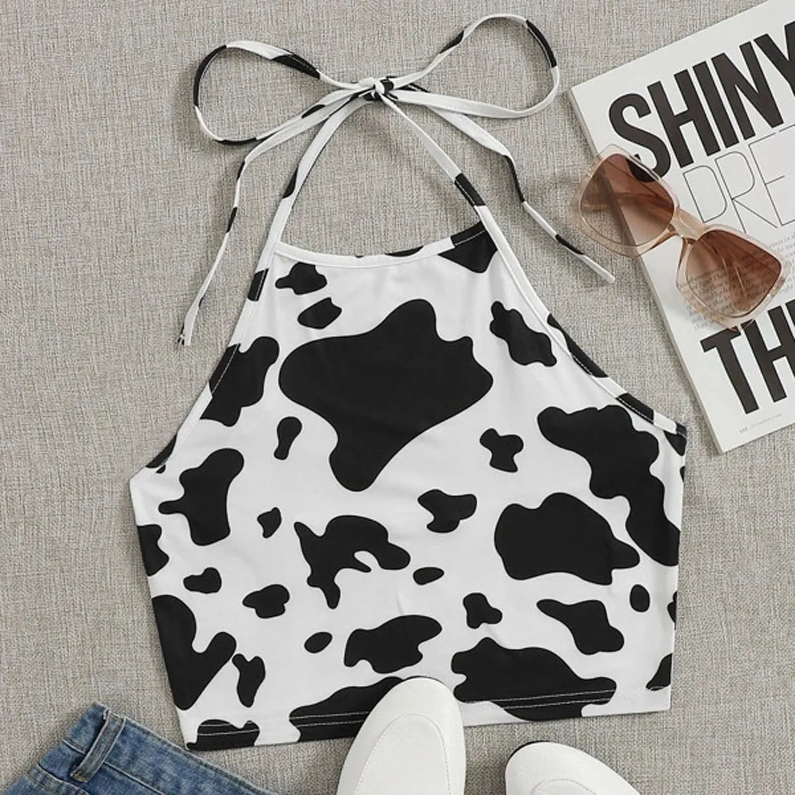 Ladies Summer Tops Milk Cow Print Black White Cute Crop Top Camis Kawaii Sleeveless Halter Neck Top Cami Streetwear Y2k Egirls