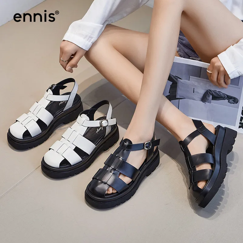 

ENNIS Vintage Women's Sandals 2021 Platform Sandals Black White Summer Shoes Ladies Flat Sandals Gladiator Buckle Shoes New S105