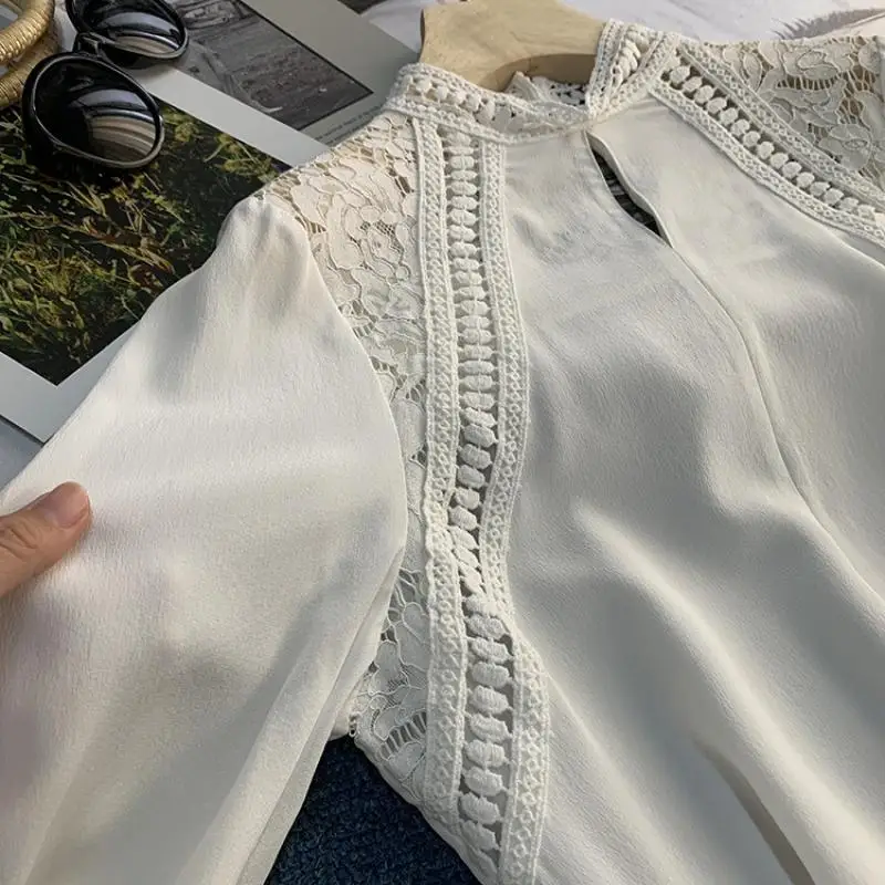 

Rayon White Shirt for Women Winter Faux Silk Blouses Summer New 2021 Lady White Shirt Long Sleeve Blouse Sexy Lace