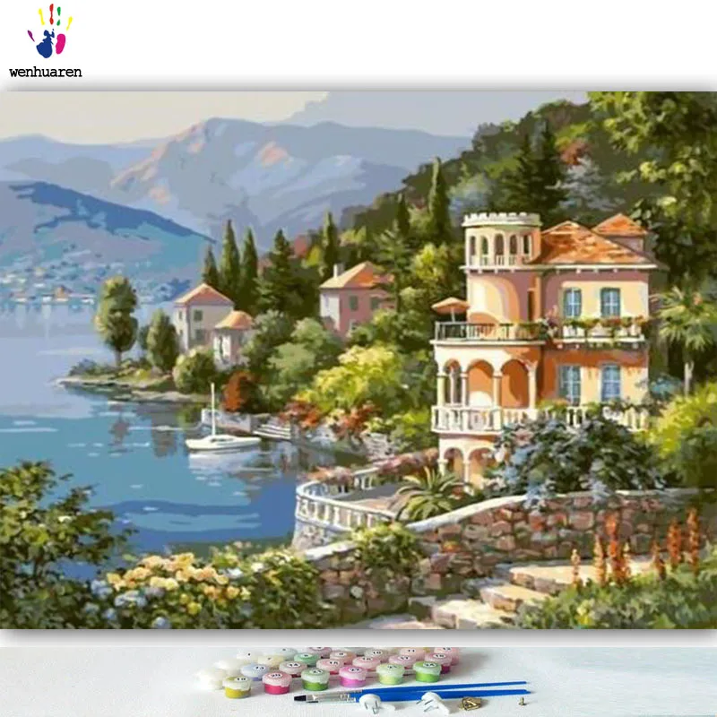 DIY colorings pictures by numbers with colorsRiverside castle picture drawing painting framed Home | Дом и сад