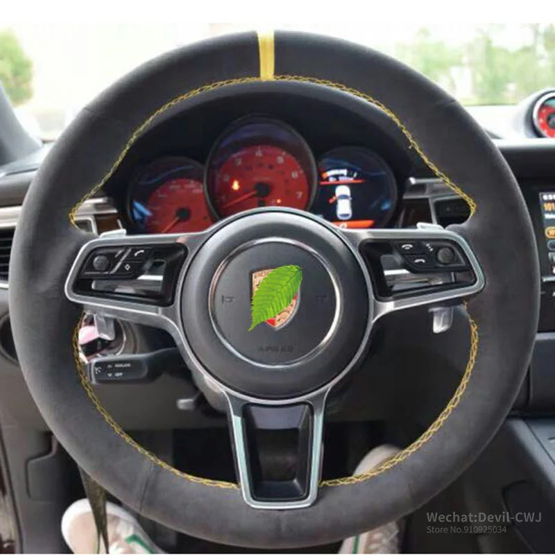 

Black Suede Leather Steering Wheel Cover For Porsche Macan Cayenne 2015-2016 Yellow Mark And Yellow Stitch Grip Cover Auto part