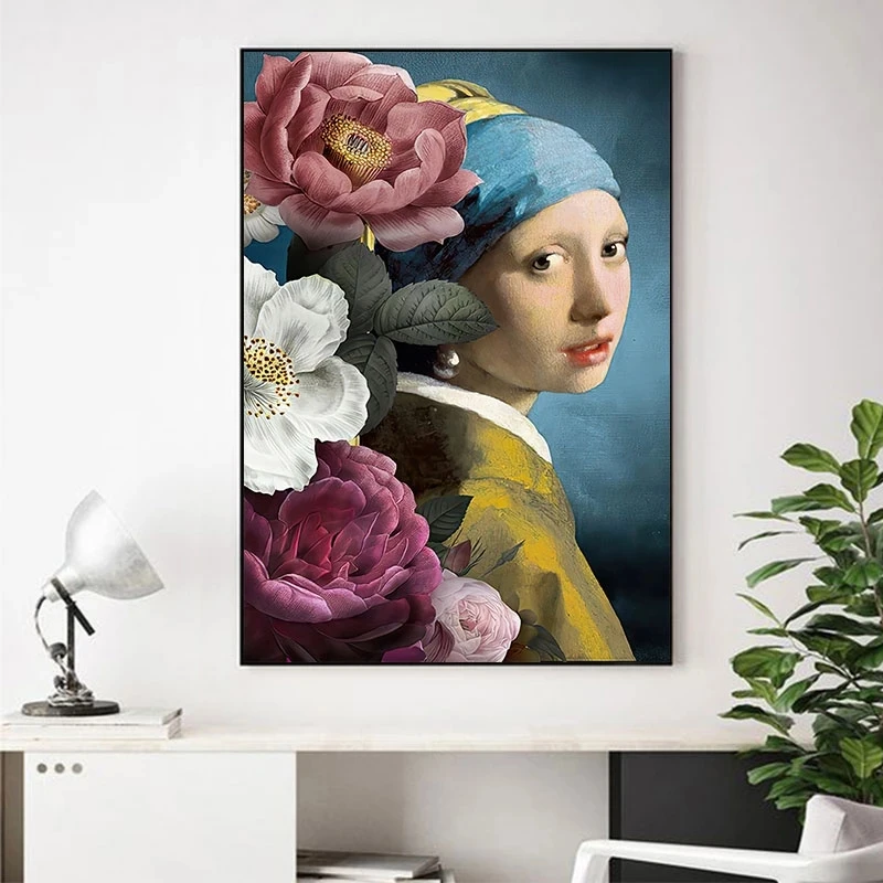 

Funny Wall Art Oil Painting Pearl Earrings Girl and Milkmaid Canvas Paniting Figure Posters and prints Modern Home Decor